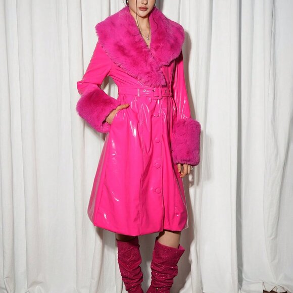 Hot Pink Sexy Women's Faux Fur Collar Jacket - Picture 6 of 7